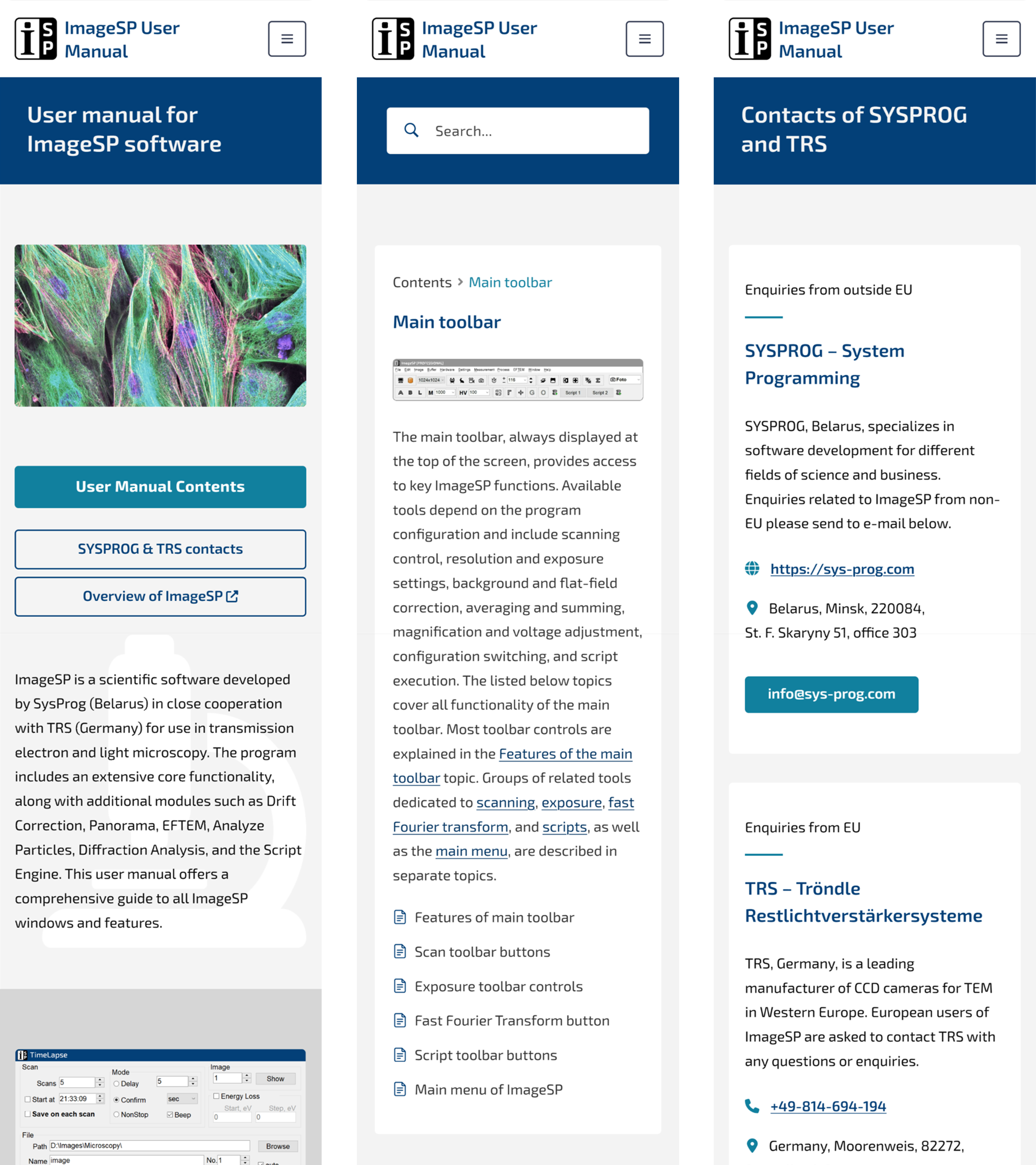 Mobile view of the ImageSP online user manual.