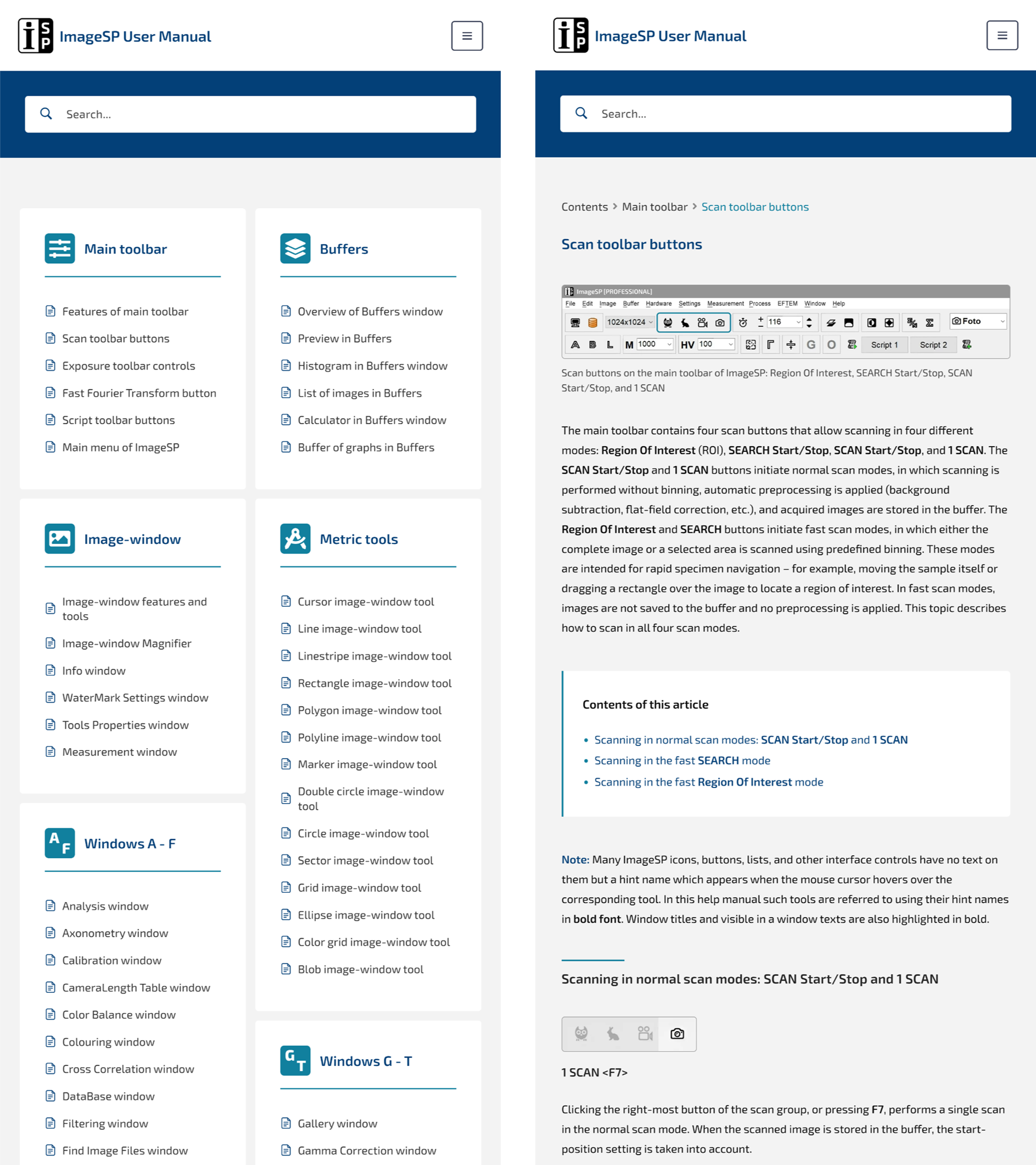 Tablet view of the ImageSP online user manual.