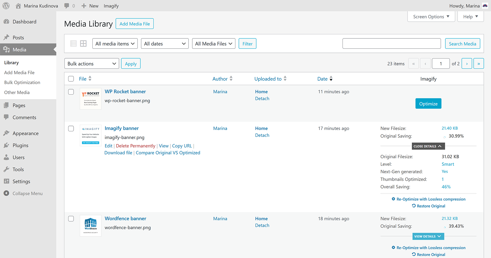 Imagify plugin tools in the WordPress media library.