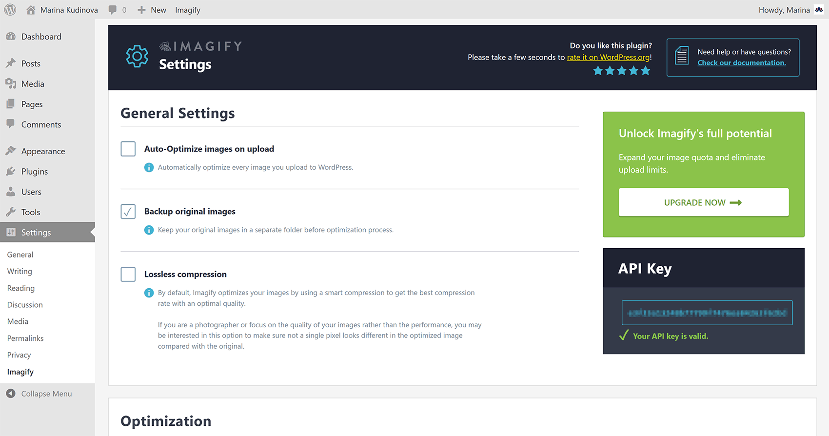Imagify plugin settings under Settings > Imagify in WordPress.