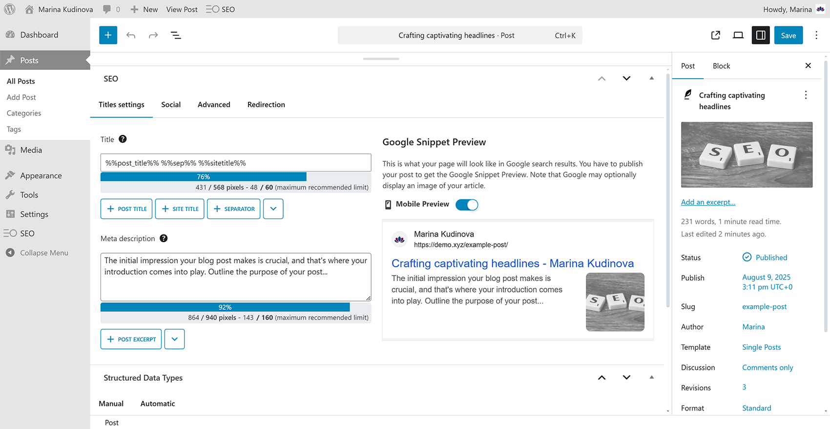 Tools of the SEOPress WordPress plugin on the Edit Post screen.