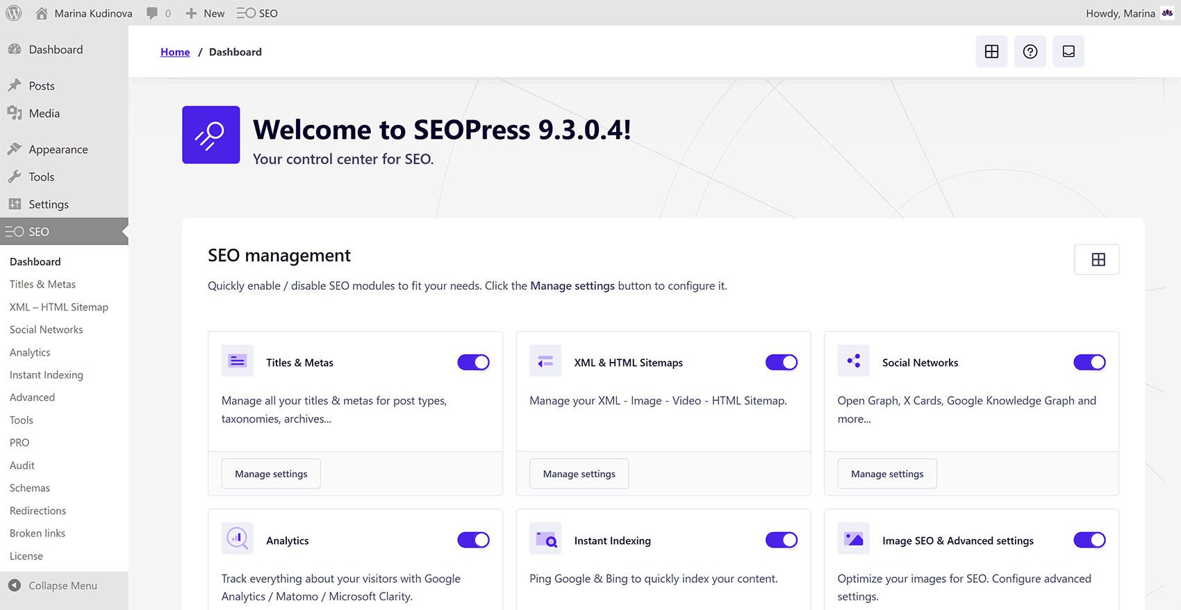 Main dashboard of the SEOPress WordPress SEO plugin.
