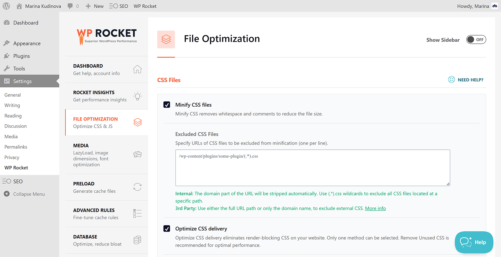 File Optimization settings in the WP Rocket WordPress caching plugin