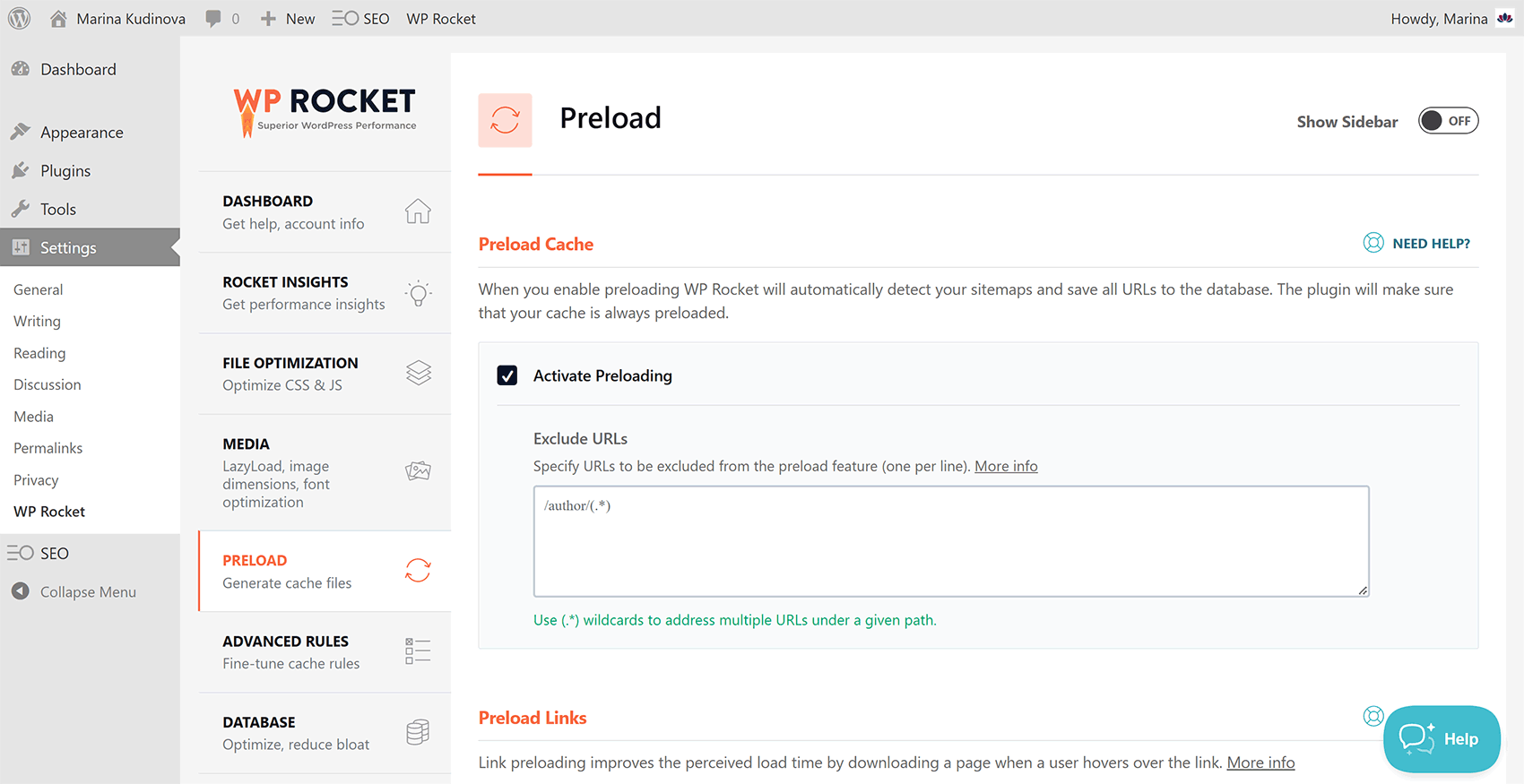 Cache Preload settings in the WP Rocket WordPress performance plugin