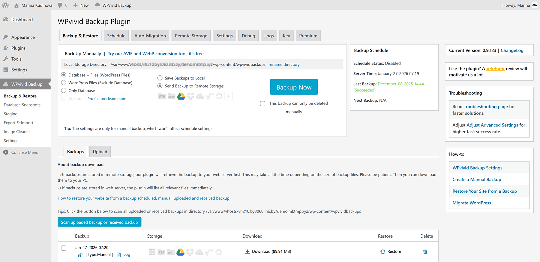 Screenshot of the Backup & Restore features tab of the WPvivid plugin for WordPress.