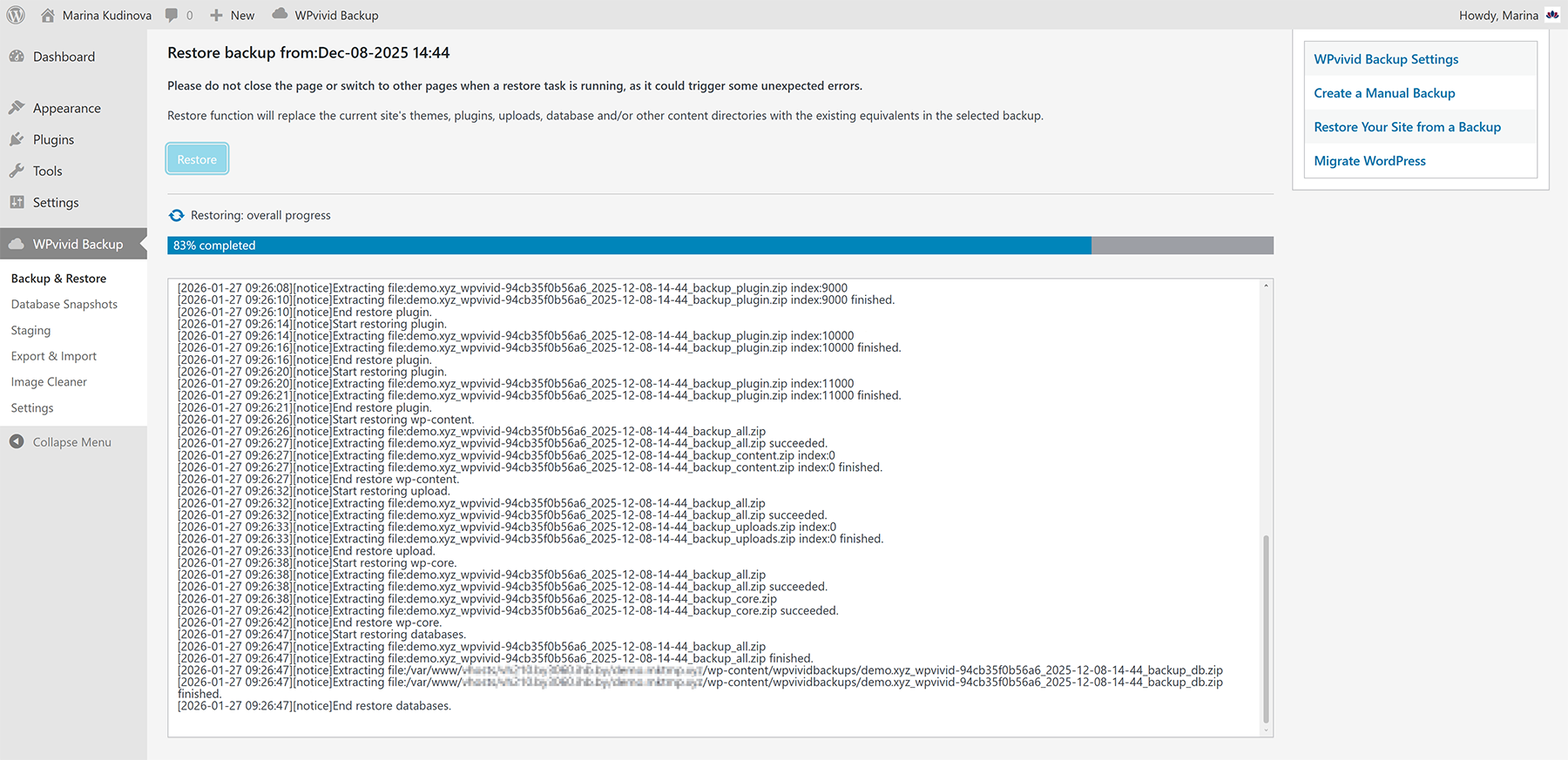 Screenshot of the website restoration process via the WPvivid plugin for WordPress.